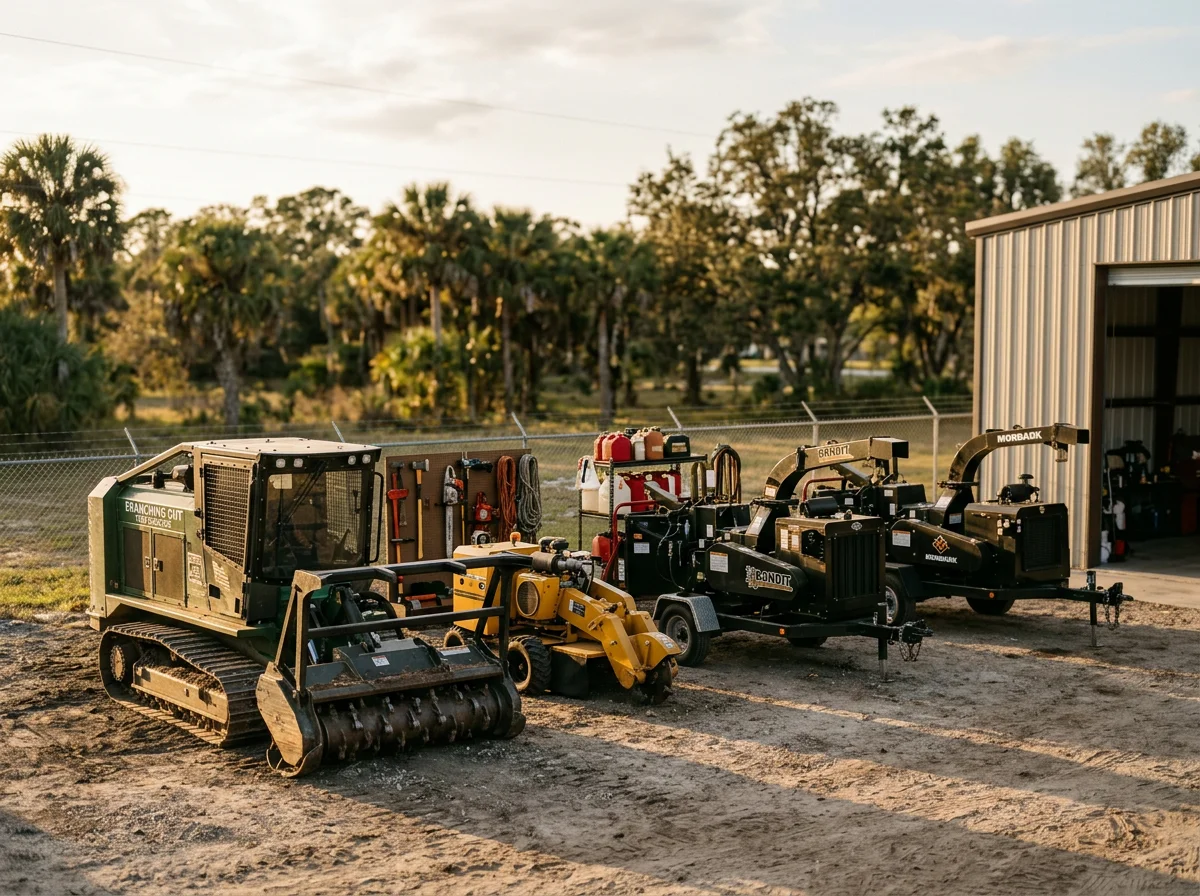 Heavy equipment and tools ready for land clearing and tree service work on a job site.