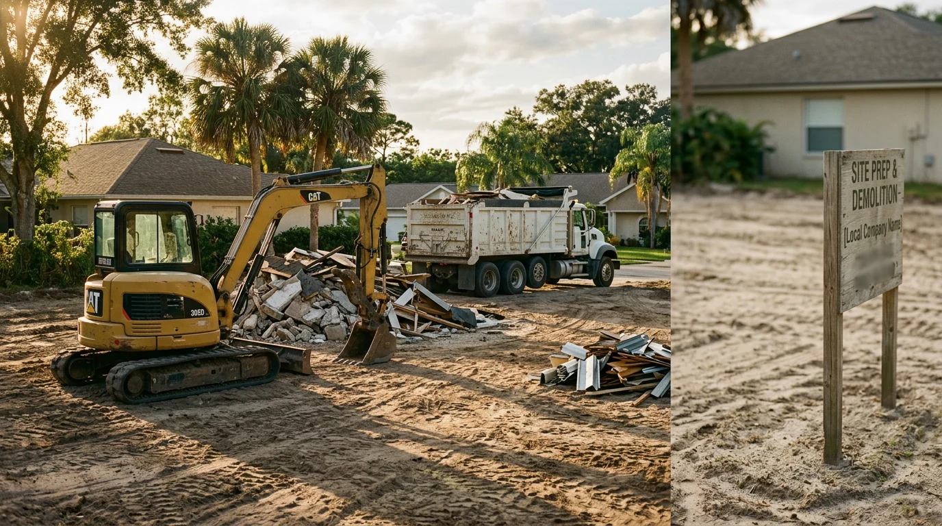 Demolition equipment clearing a residential building site in central Florida
