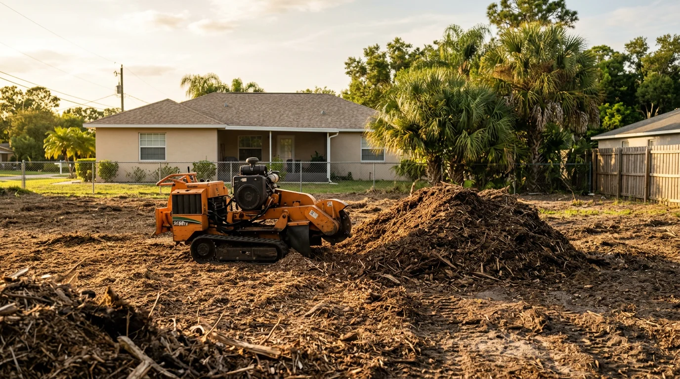 Tree removal and stump grinding equipment at a residential property in Dover, Florida