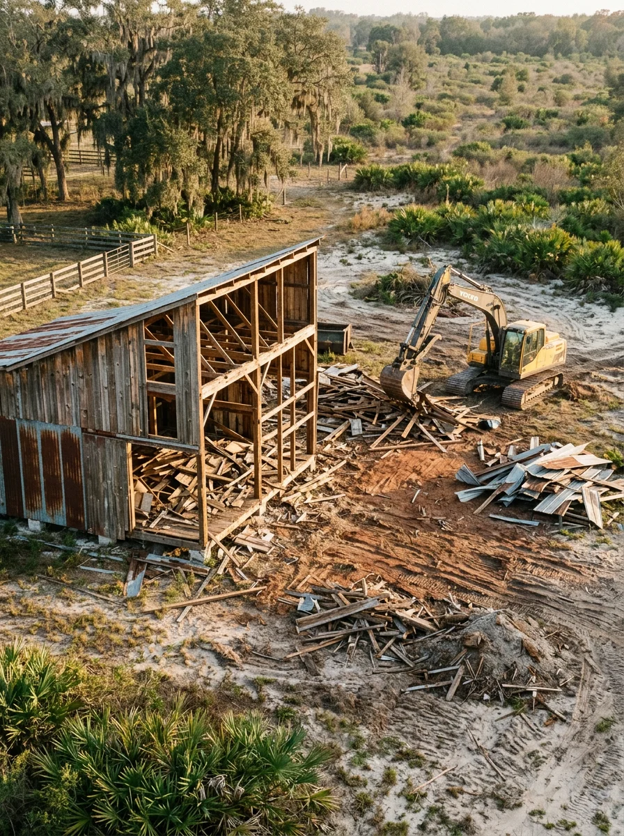 Demolition of an aging agricultural outbuilding on an Arcadia, FL ranch property, with land clearing equipment staged for site prep work.