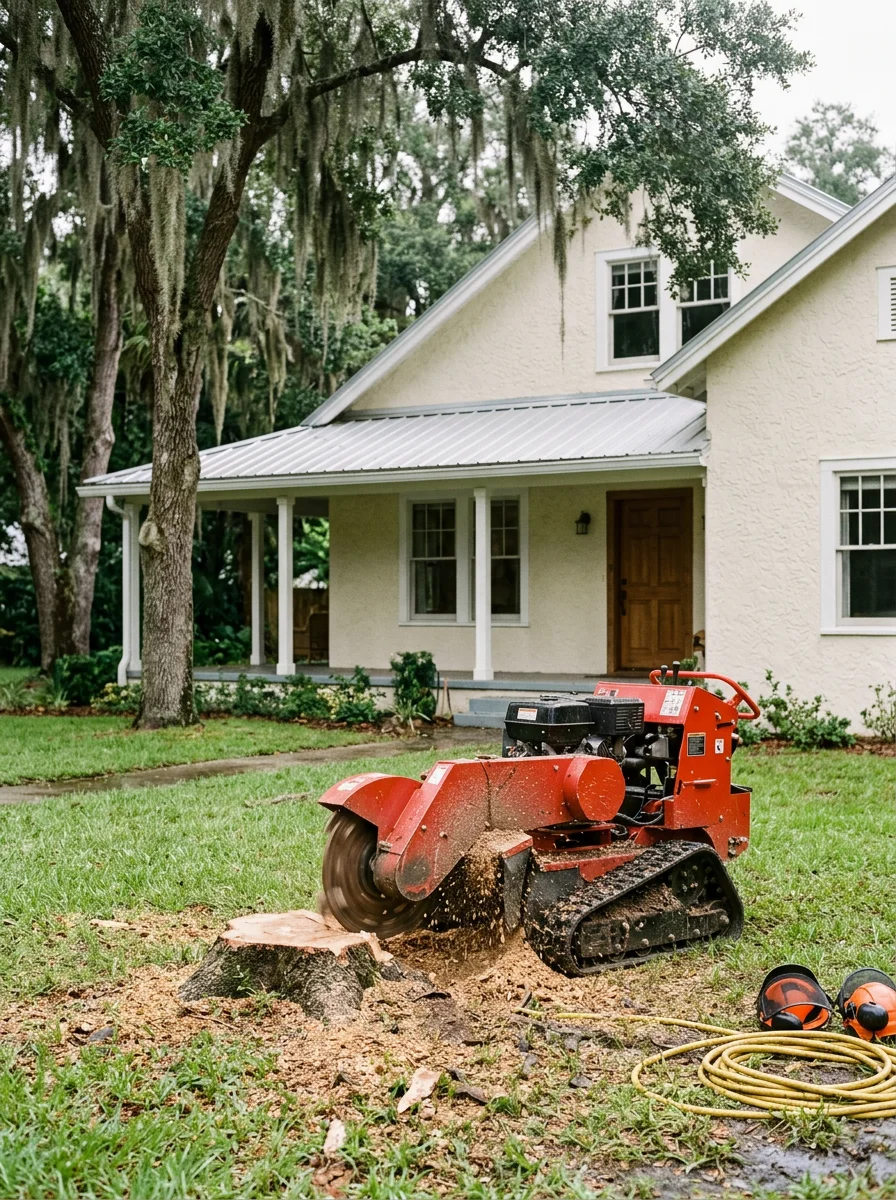 Stump grinding equipment working on a wet yard in Bartow, Florida, near a historic home