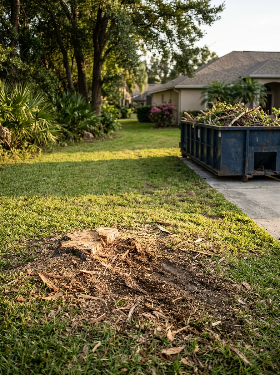 Roll off container loaded with tree debris on a Brandon, FL suburban property after storm cleanup, with a freshly ground stump visible in the lawn.