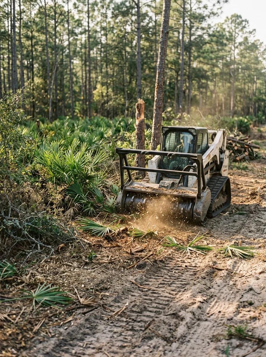 Forestry mulching equipment clearing brush on a rural property near Brooksville, Florida