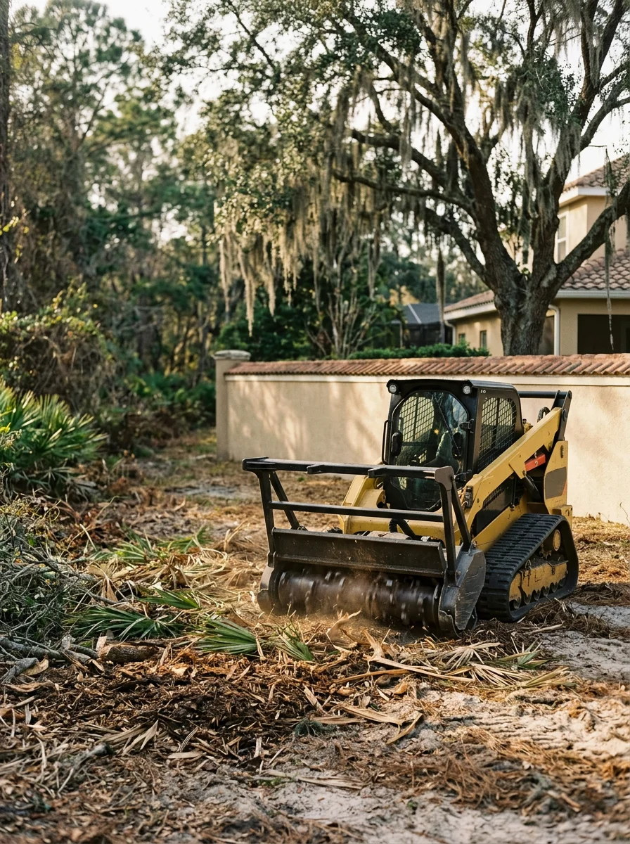 Forestry mulcher clearing brush along a ChampionsGate, FL lot edge
