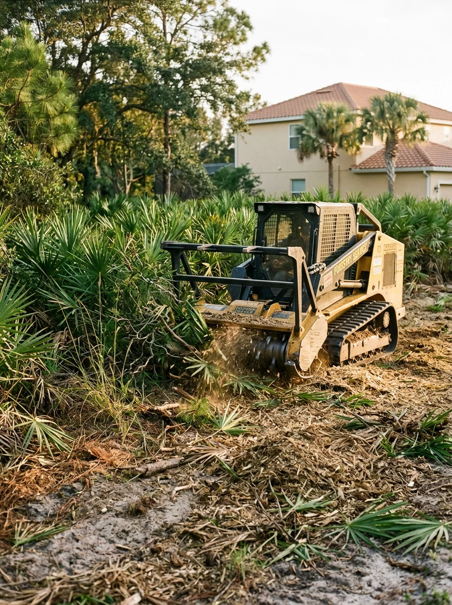 Equipment doing forestry mulching on brush and underbrush near a ChampionsGate home