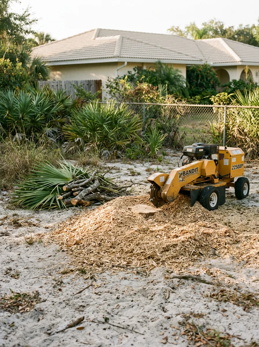 Stump grinding on a sandy Clearwater, Florida property