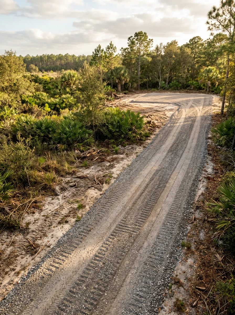 Gravel driveway being cut through cleared land on a rural Dade City, FL property, with a freshly graded building pad visible at the end of the drive.