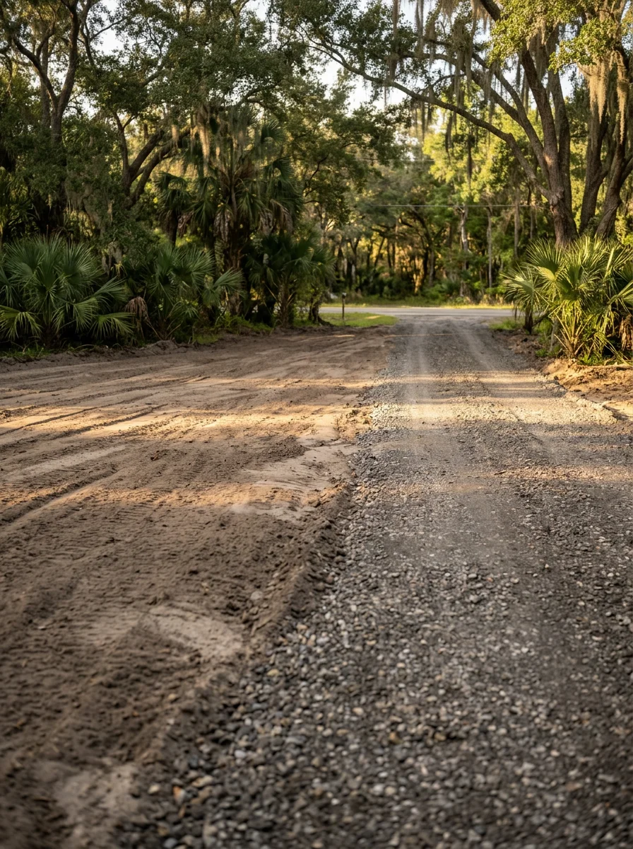 Freshly graded house pad on a rural Dover, FL property with cleared land and a gravel driveway cut to the road.