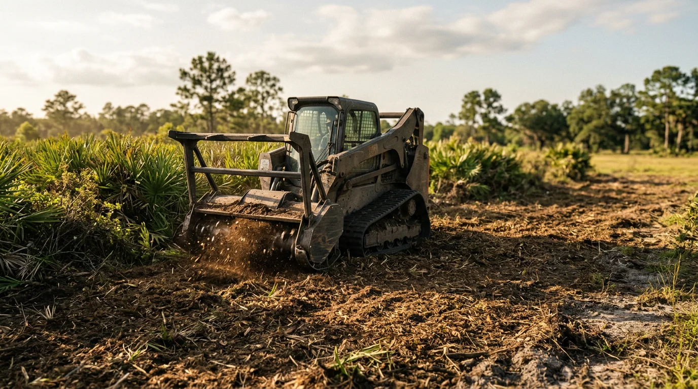 Forestry mulching machine clearing dense palmetto and brush on a large agricultural lot in Dover, Florida, with open acreage visible in the background.