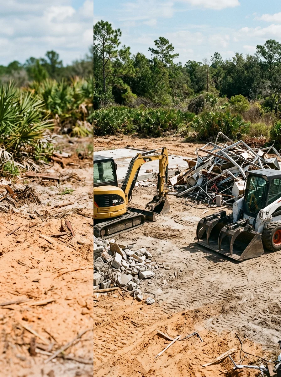 Demolition of an aging mobile home on a Lakeland, FL rural property, with land clearing equipment staged nearby for lot cleanup.