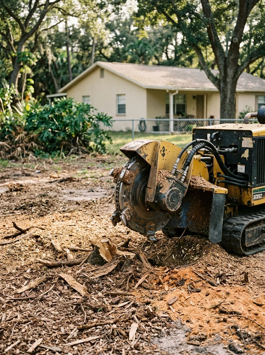 Stump grinder working on a large root ball from a former citrus tree on a Plant City, FL residential lot being prepared for construction.