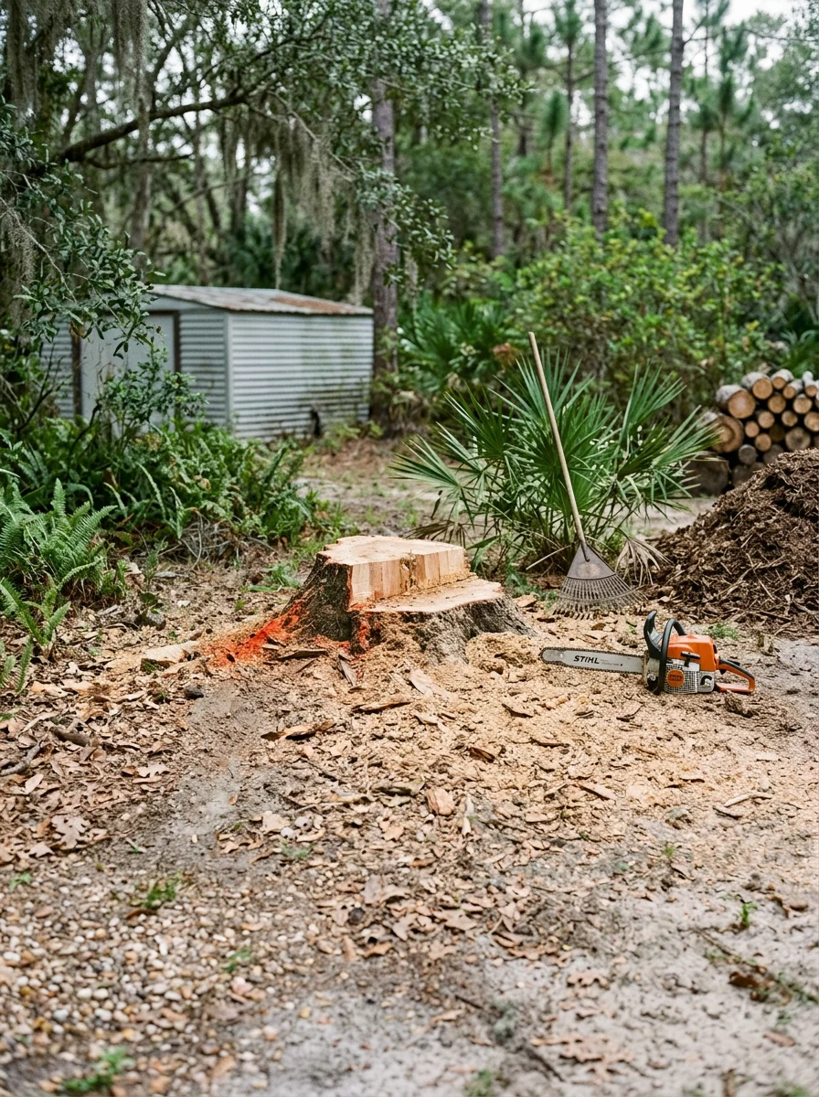 Stump grinding and debris clearing on a rural property in Polk City, Florida