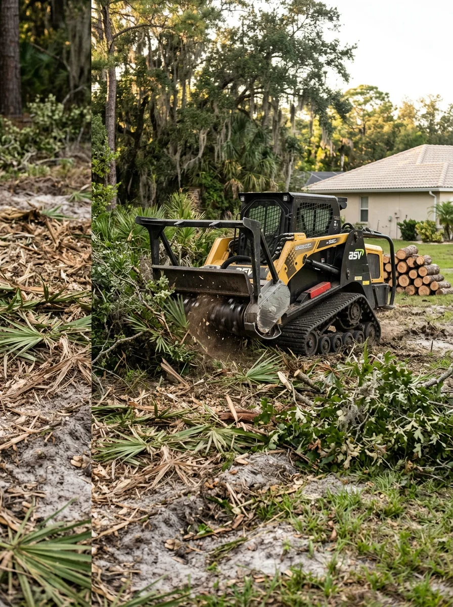 Forestry mulcher clearing brush and underbrush on a Riverview, FL lot