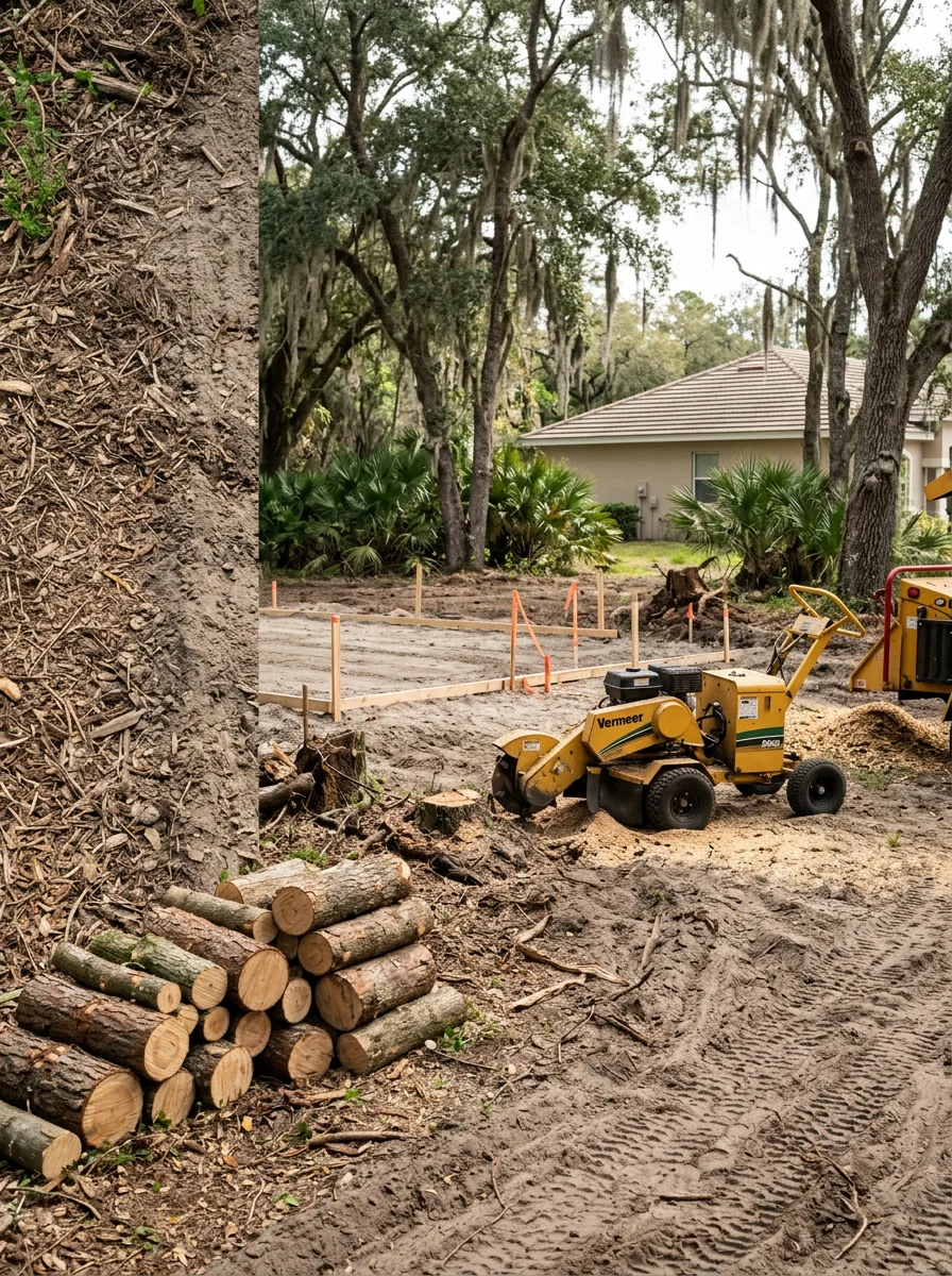 Crew preparing a house pad and grading a lot in Riverview, Florida
