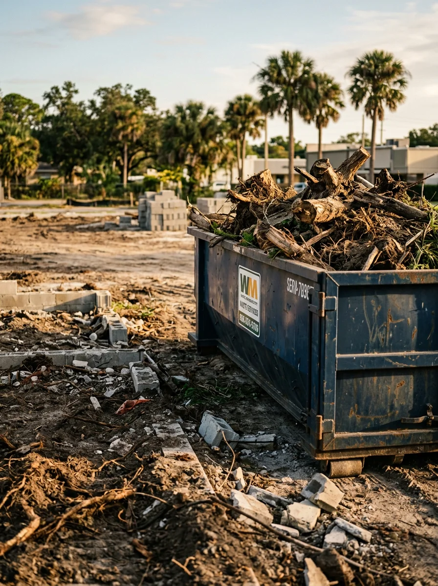 Roll off container loaded with land clearing debris on a Tampa, FL urban infill lot being prepared for new construction.