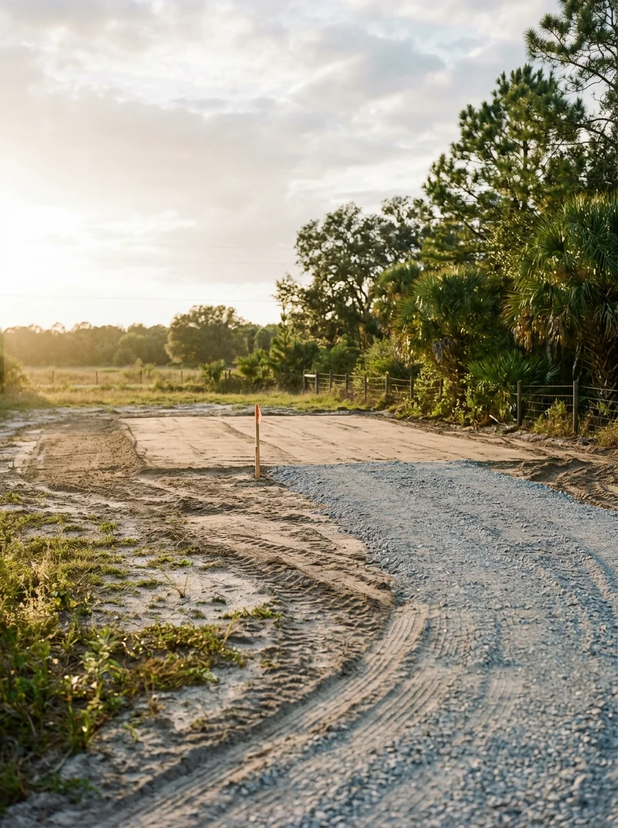 Graded and leveled building pad on a former agricultural property in Zephyrhills, FL, with cleared land and a new gravel driveway.