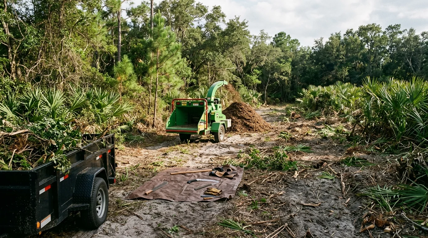 A cleared residential lot in Dover, Florida with cut brush and woody debris loaded for haul-away, showing open ground where dense overgrowth previously covered the property. Branching Out Tree Services LLC brush removal work in Hillsborough County.