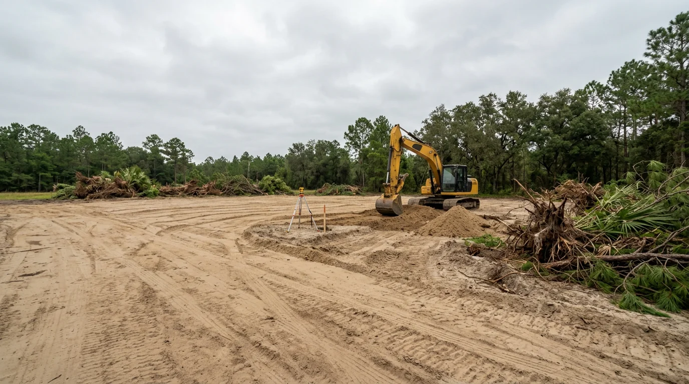 A cleared and graded building lot in Dover, Florida with compacted soil and level ground ready for construction. Surrounding Central Florida vegetation has been removed and the site is shaped for proper drainage.