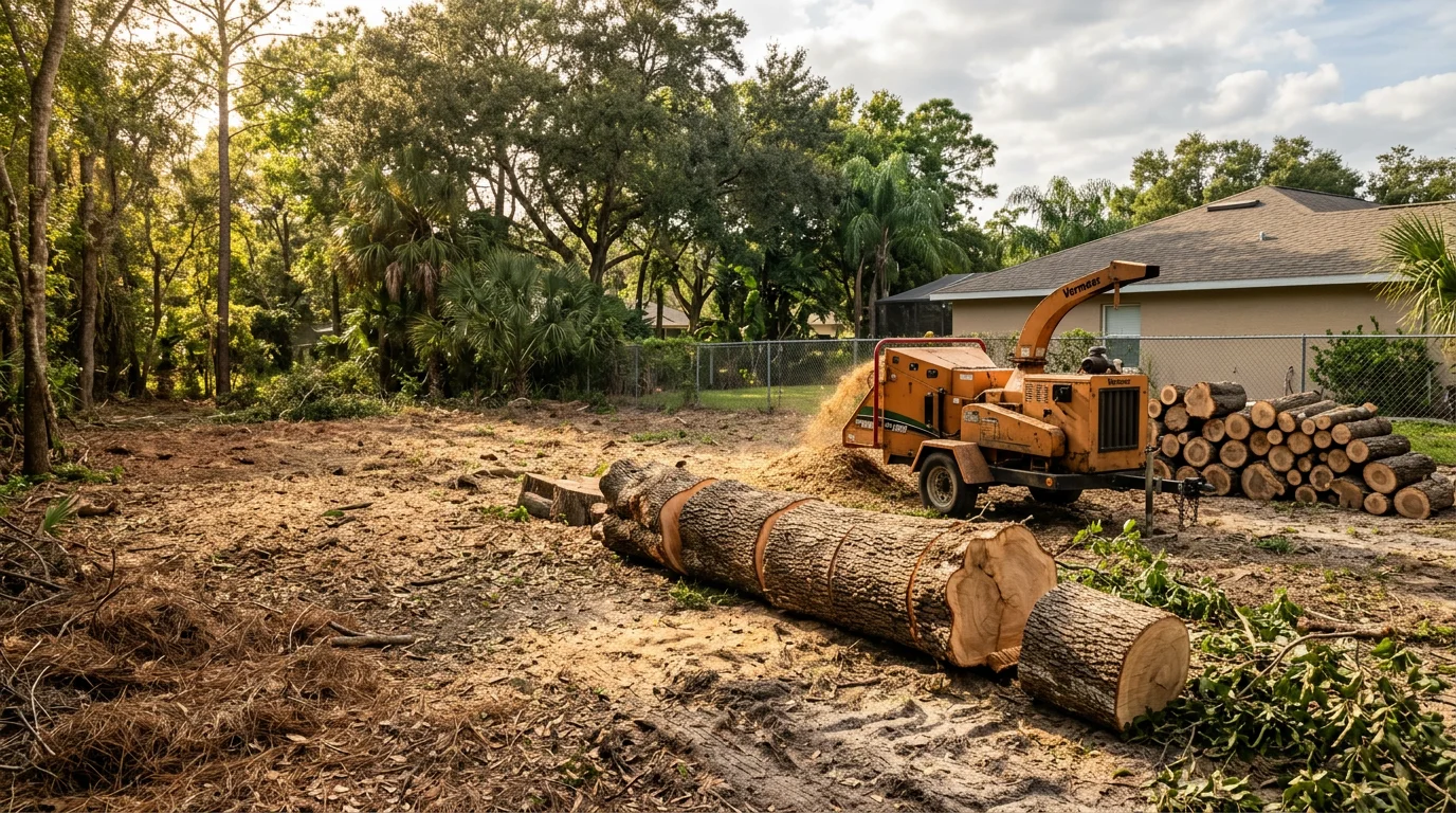A large dead pine tree being sectioned and removed from a residential yard in Dover, Florida, with cut wood stacked on the ground and a cleared property visible in the background.