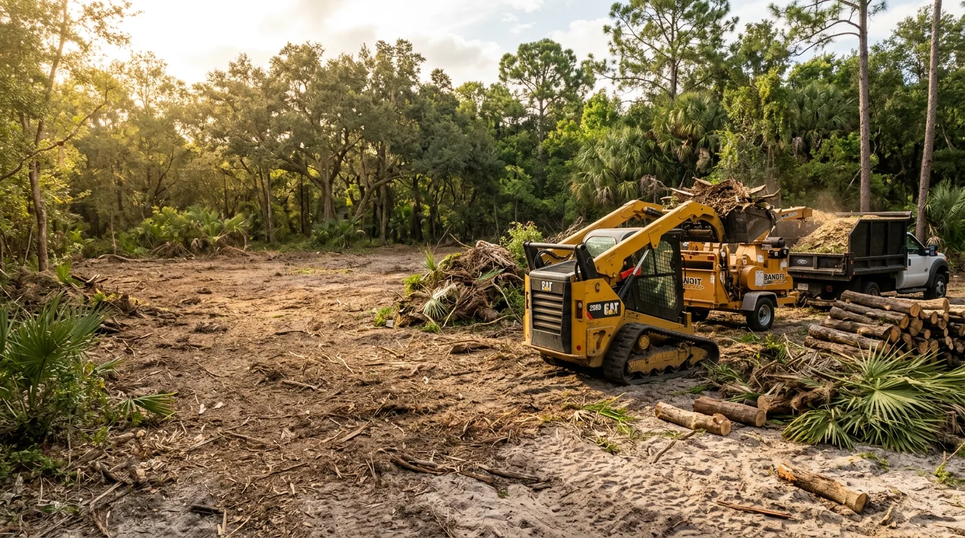 A cleared rural property in Dover, Florida with hauled-away brush piles and fallen tree limbs removed, leaving open ground after debris removal by Branching Out Tree Services LLC.