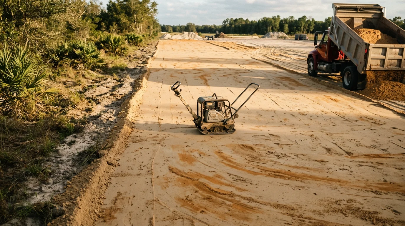 A tracked excavator spreading and grading fill dirt on a residential lot in Dover, Florida, with freshly compacted soil visible across the leveled site. The surrounding landscape shows typical central Florida terrain with open ground ready for construction.