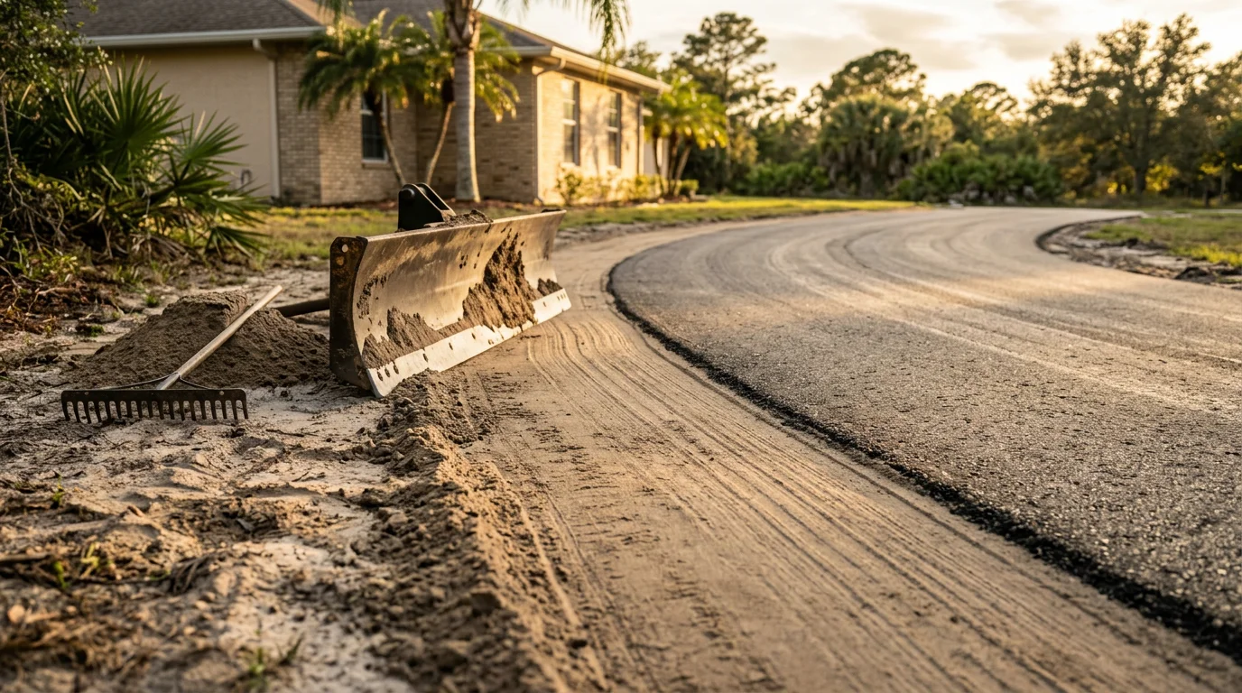A freshly graded gravel driveway in Dover, Florida showing a smooth, sloped surface with water draining away from the home toward the roadside. Earthmoving equipment is visible in the background on a clear day.