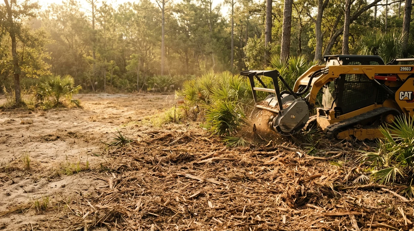 A forestry mulching machine clearing dense palmetto and underbrush on a rural property near Dover, Florida. The cleared area shows a ground-level mulch layer left behind after vegetation was processed on-site.