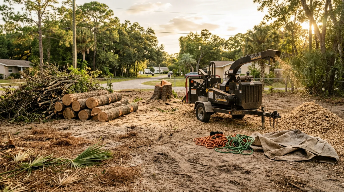A large hazardous tree with a visible trunk crack and dead upper branches being removed from a residential property in Dover, Florida. The crew has sectioned the tree near a single-family home with a cleared yard visible in the background.