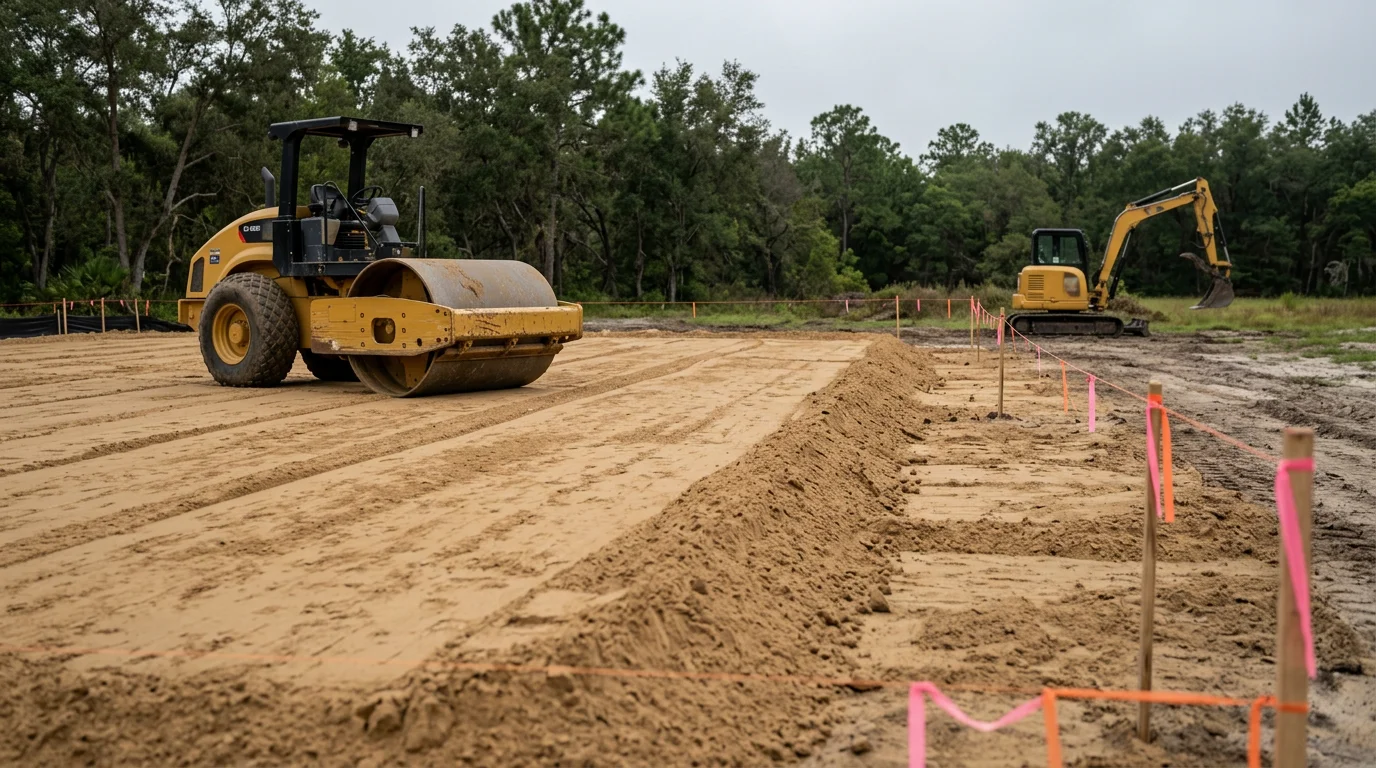 A freshly graded and compacted house pad on a cleared residential lot in Dover, Florida, with sandy soil visible and the surrounding tree line in the background. The flat, level pad surface is ready for foundation work.