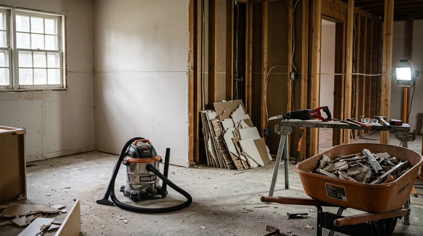 Interior of a Dover, Florida home mid-demolition with drywall removed from walls and flooring stripped back to subfloor in preparation for renovation. Construction debris is staged for removal in the cleared room.