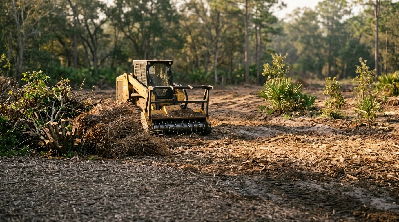 A cleared rural property in Dover, Florida after invasive vegetation removal, showing open land with native trees preserved and mulched ground cover where Brazilian pepper and cogongrass were removed by forestry mulching equipment.