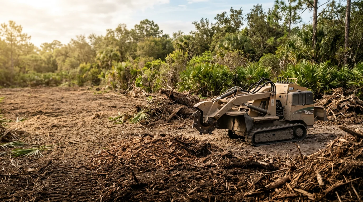 A cleared residential lot in Dover, Florida with stumps ground down and brush removed, showing bare ground ready for construction. A forestry mulching machine is visible at the edge of the remaining tree line.