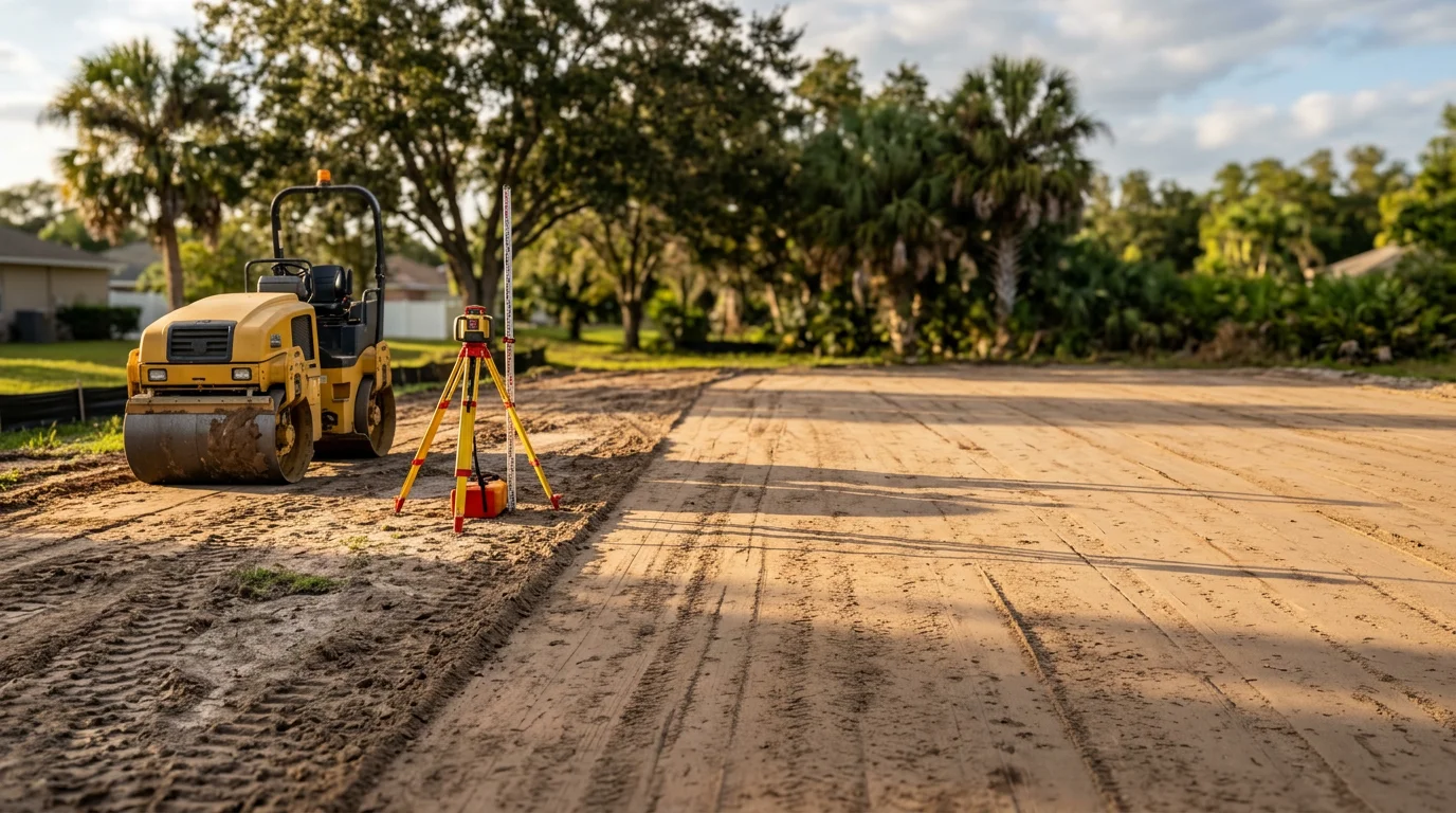A skid steer loader grading and leveling a raw dirt lot in Dover, Florida, with compacted soil visible across the prepared surface. The surrounding landscape shows central Florida flatwoods typical of Hillsborough County.