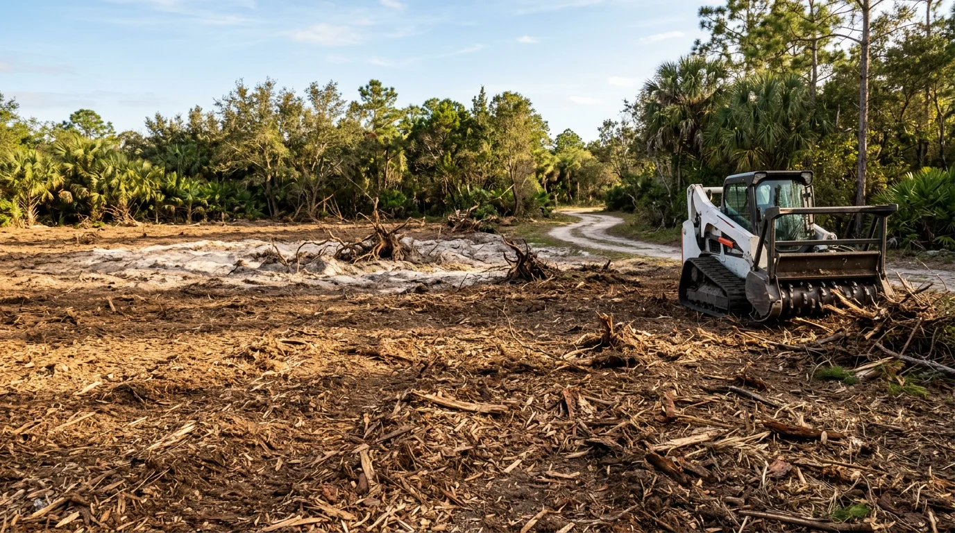 A cleared residential lot in Dover, Florida with stumps ground down and brush removed, showing open flat ground ready for construction. Forestry mulching equipment is visible at the edge of the remaining tree line.