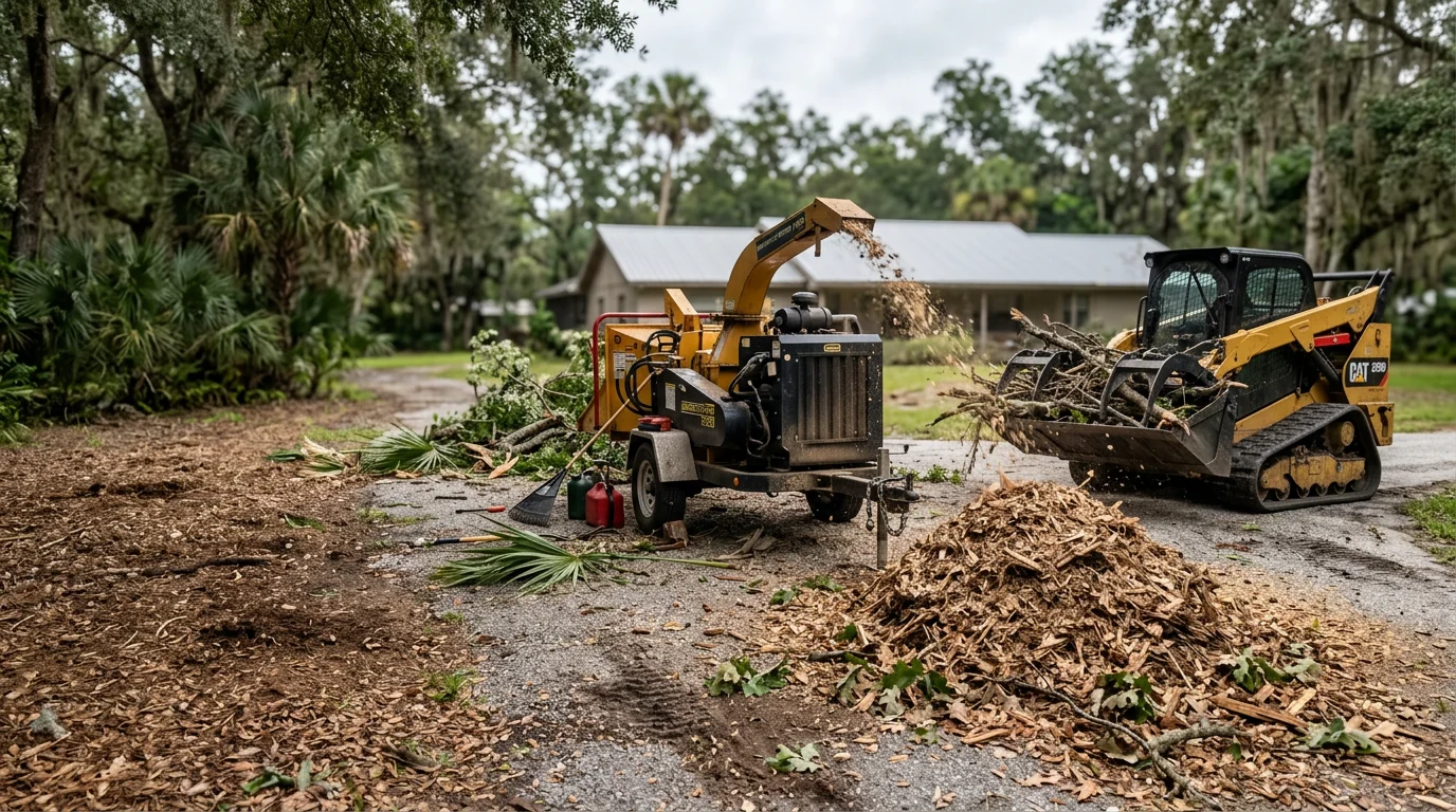 A Dover, Florida property after storm debris clearing, showing a clean yard with fallen tree trunks and broken branches fully removed. A wood chipper and skid steer are visible in the background near the cleared lot edge.