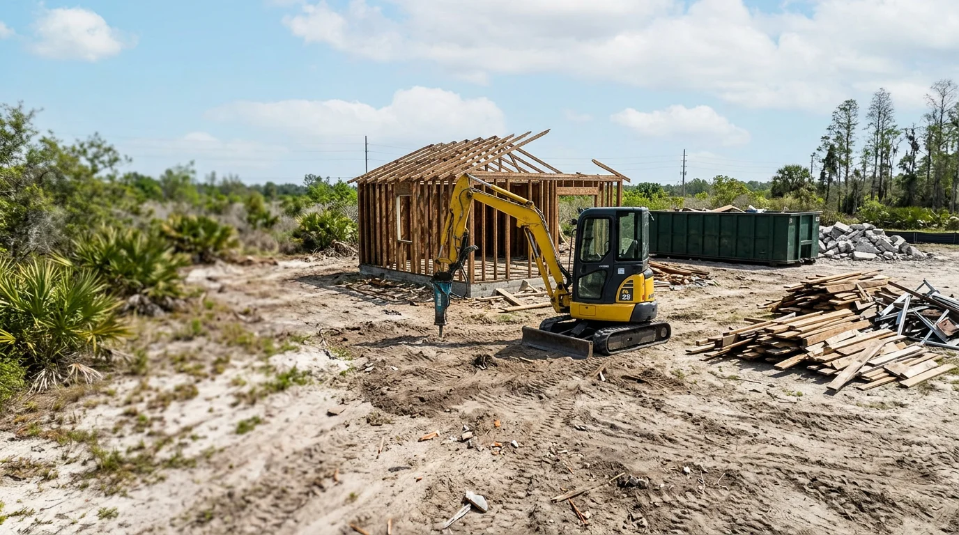 A cleared residential lot in Dover, Florida after a shed and outbuilding have been removed, with debris hauled away and the ground left open for the next phase of the project.