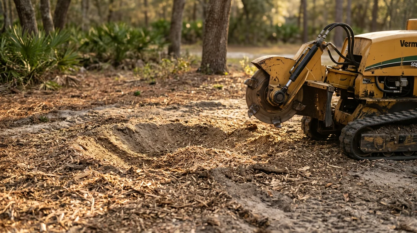 A stump grinder working on a large live oak stump in a residential yard in Dover, Florida, with wood chips scattered around the freshly ground area and cleared ground visible where the stump once stood.