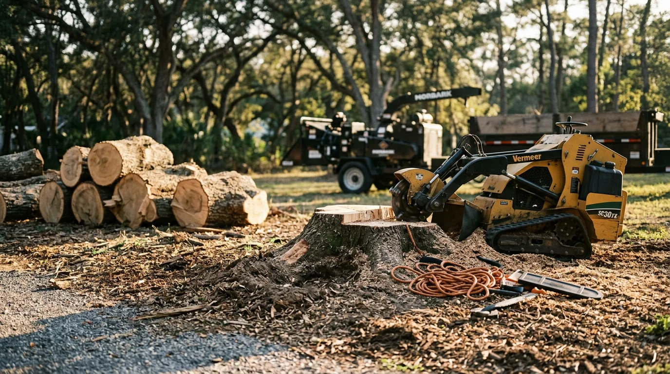 A large live oak tree being removed from a residential property in Dover, Florida, with the trunk sectioned near a fence line. Debris is staged on the lawn with cleared ground visible around the base of the stump.