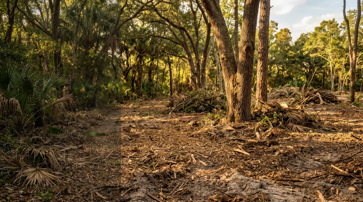 A cleared Dover, Florida property after underbrush removal, showing open ground beneath a mature tree canopy with palmetto and woody undergrowth removed. Forestry mulching equipment has left a natural mulch layer across the soil surface.