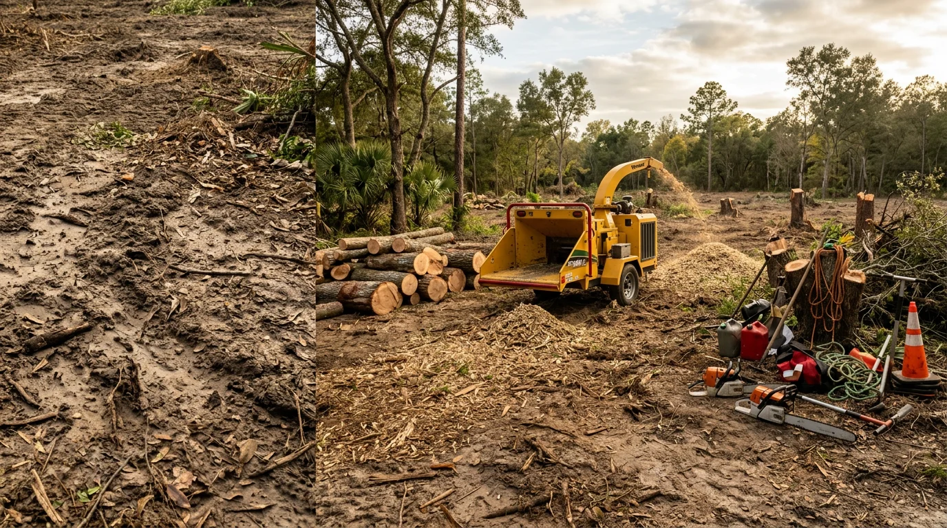 A cleared residential lot in Dover, Florida after full vegetation removal, showing open ground with cut stumps and no remaining overgrowth. A Branching Out Tree Services LLC crew works in the background near a stand of removed slash pines.